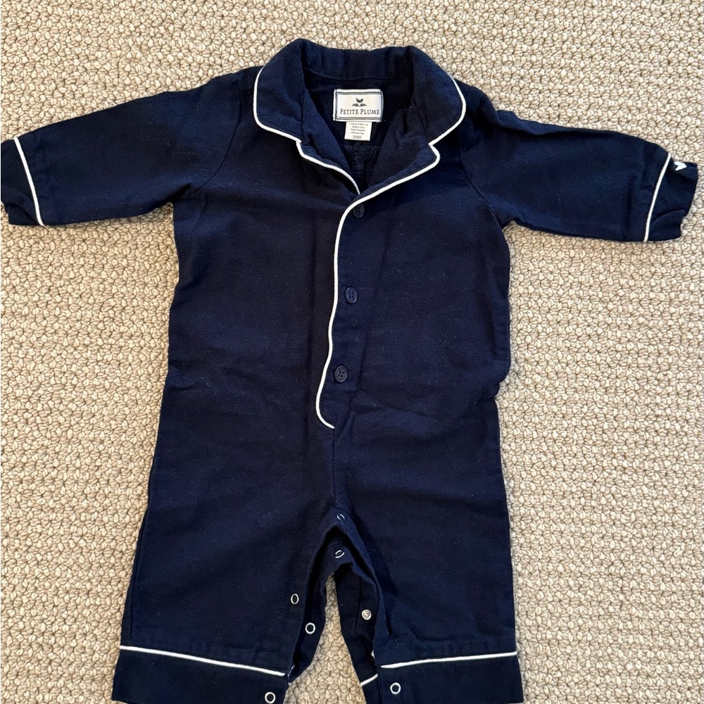 Petite Plume 3-6M Navy Footie with White Piping